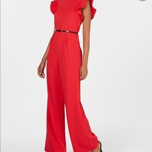 Calvin Klein Red Ruffle Sleeve Belted Jumpsuit